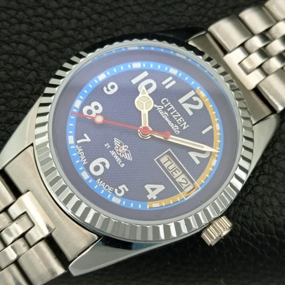 Vintage 1990 Citizen Automatic Mens Silver Watch W/daydate & Orange accents
